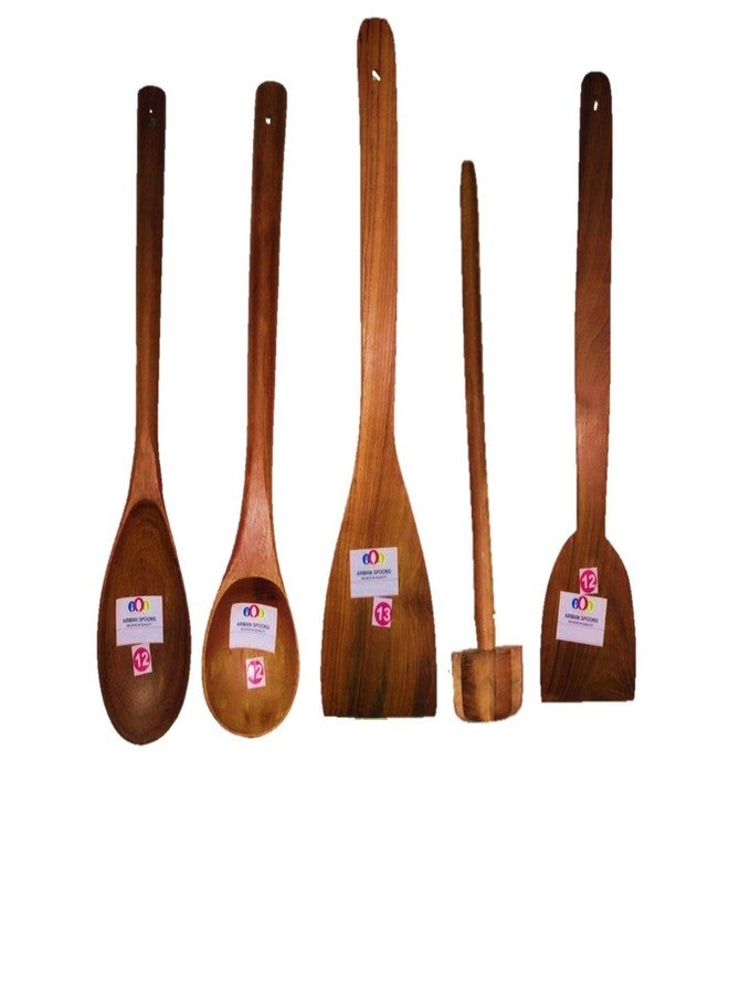 ARMAN SPOONS طقم أدوات تقديم مصنوع يدويًا من خشب الساج، يتكون من 5 قطع: ملعقة تقديم، مغرفة، ملعقة مسطحة، ملعقة مسطحة للدوسا، ملعقة مسطحة للروتي، ملعقة هرس، مضرب يدوي. - Image 2
