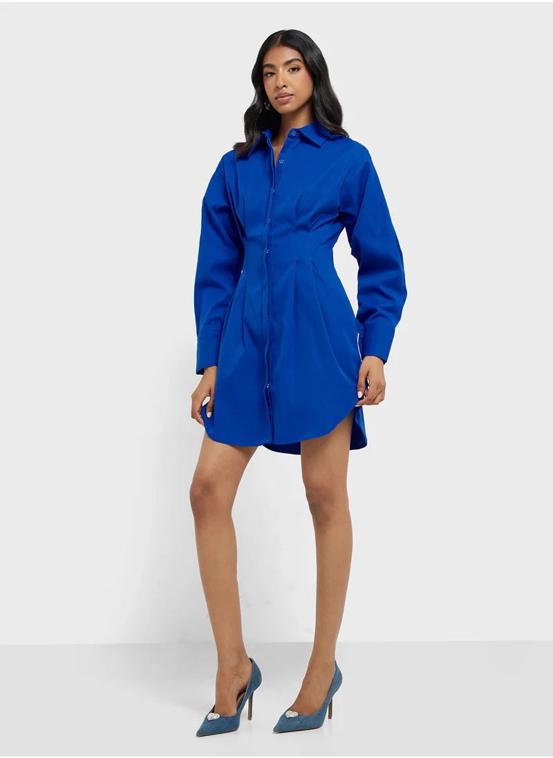 جينجر Clinched Waist Button Down Shirt Dress