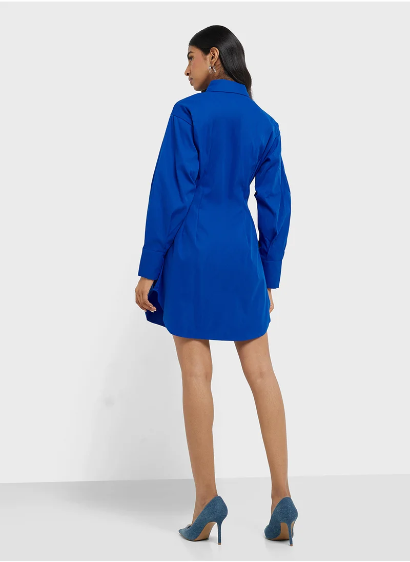 جينجر Clinched Waist Button Down Shirt Dress