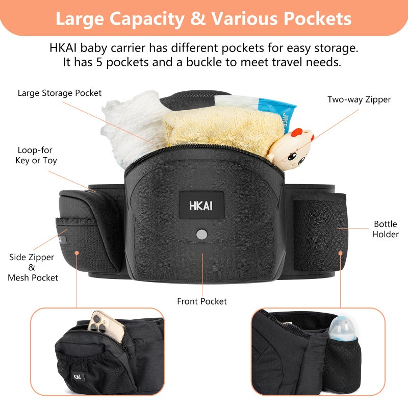 HKAI Baby Carrier Hip Seat, Mom’s Choice Award Winner, Advanced Large Capacity Pocket with Adjustable Waistband, Shock Absorption Hip Seat Surface for Newborns & Toddlers, (Black) - Image 2