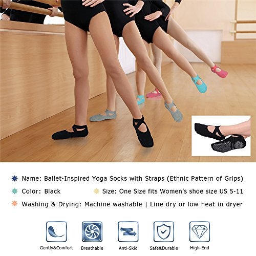 Ozaiic Yoga Socks for Women Non-Slip Grips & Straps, Ideal for Pilates, Pure Barre, Ballet, Dance, Barefoot Workout (Black - 1 Pair, one_size) - Image 5