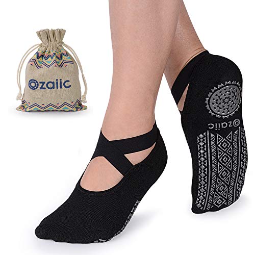 Ozaiic Yoga Socks for Women Non-Slip Grips & Straps, Ideal for Pilates, Pure Barre, Ballet, Dance, Barefoot Workout (Black - 1 Pair, one_size) - Image 1