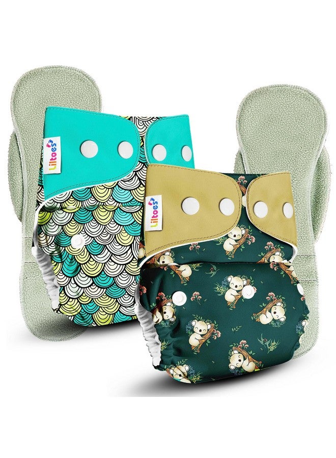 Liltoes Cloth Diapers For New Born Babies 0 To 3 Years | Freesize Adjustable And Reusable | Premium Cloth Nappies Pack Of 2 (2 Cloth Diapers + 2 Inserts) | Dozing Koala + Maze Green - Image 1