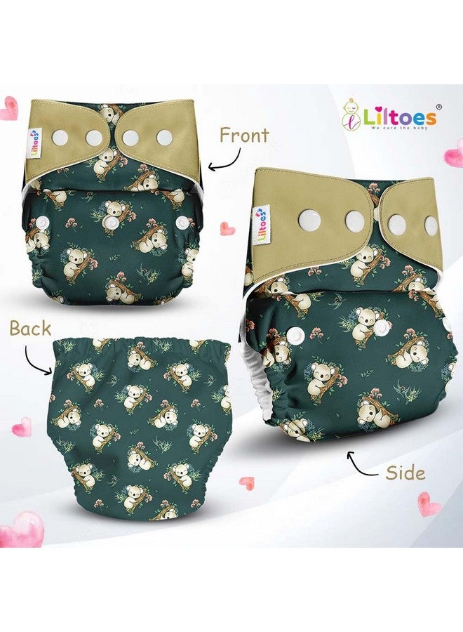 Liltoes Cloth Diapers For New Born Babies 0 To 3 Years | Freesize Adjustable And Reusable | Premium Cloth Nappies Pack Of 2 (2 Cloth Diapers + 2 Inserts) | Dozing Koala + Maze Green - Image 2
