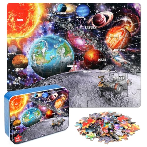 LELEMON Puzzles for Kids Ages 46 Space 60 Piece Puzzles for Kids Ages 35 in a Metal Box Educational Jigsaw Puzzles Childrens Puzzle Games Puzzle Toys for Girls and Boys - Image 1