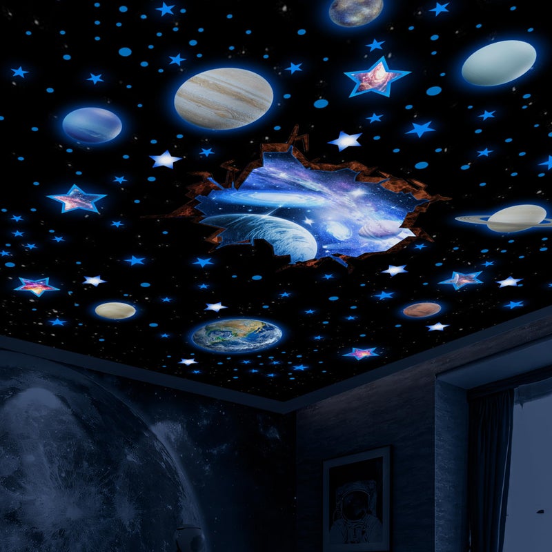 Robmoda Stars and Planets Wall Decals Glow in The Dark Earth Solar System Stickers for Ceiling Space Wall Sticker for Kids Room Blue