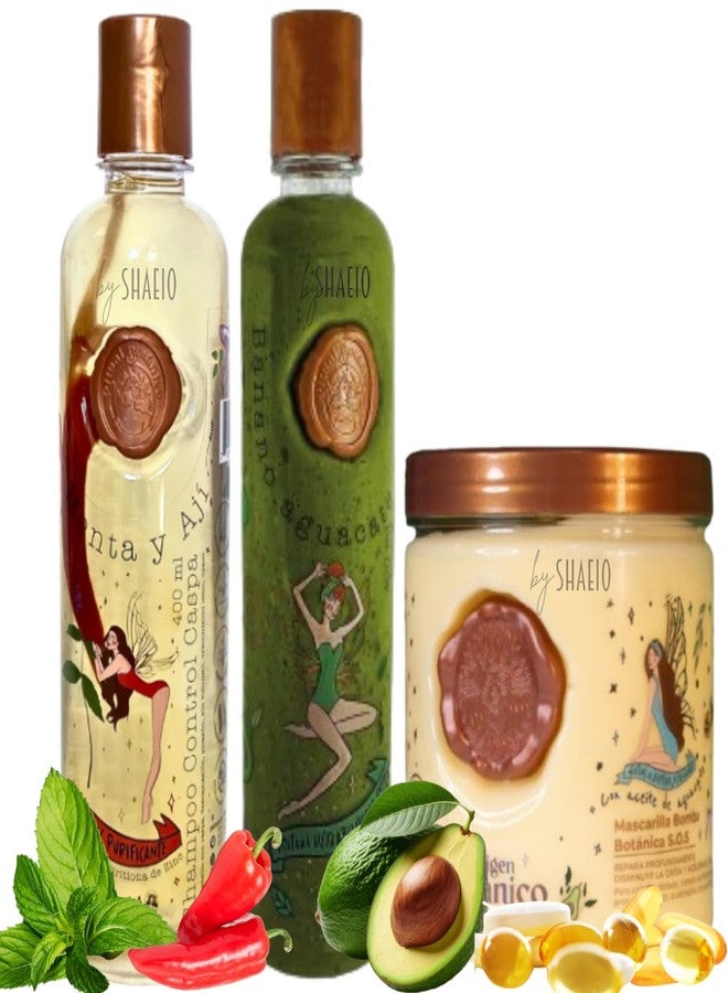 SHAEIO RITUAL BOTANICO Kit 3 Crecimiento Acelerado y Ultra Reparador S.O.S: Shampoo de Menta y Ají (Dandruff Shampoo) + Mascarilla para el Cabello Bomba Capilar + Acondicionador Intensivo PLEX (+ OBSEQUIO) - Image 1