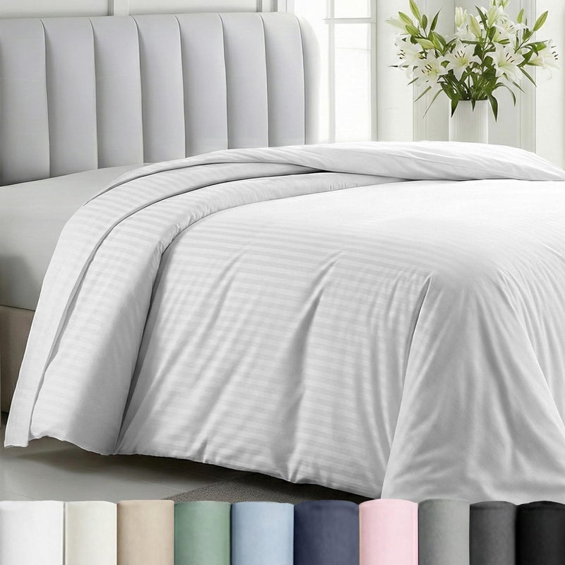 California Design Den Striped White Duvet Cover King Size Only - Premium 400 Thread Count, 100% Cotton Sateen, Button Closure & Corner Ties - White - Image 1
