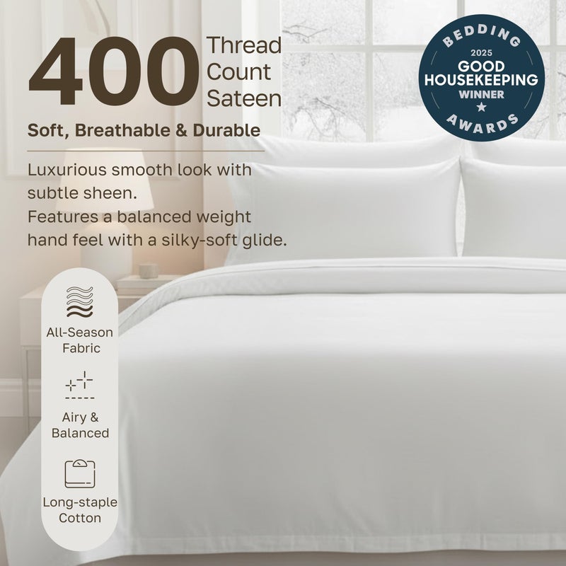 California Design Den Striped White Duvet Cover King Size Only - Premium 400 Thread Count, 100% Cotton Sateen, Button Closure & Corner Ties - White - Image 4