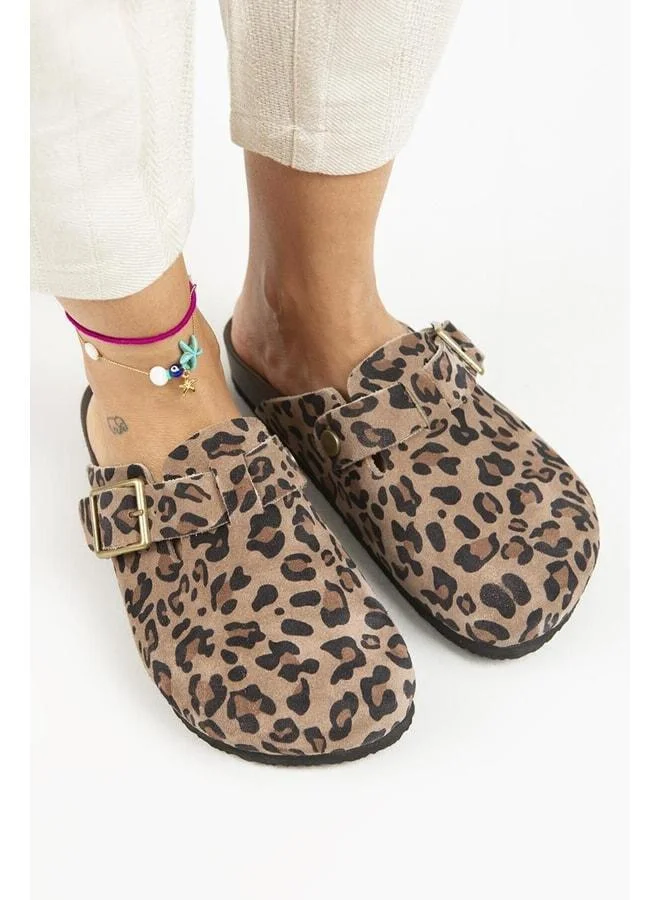 Manijero  Zeta Leopard Women's Genuine Leather Clogs with Belt and Buckle, Mink Color - Brown for Women | Best Price UAE