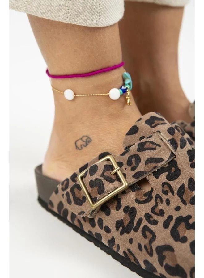 Manijero  Zeta Leopard Women's Genuine Leather Clogs with Belt and Buckle, Mink Color - Brown for Women | Best Price UAE