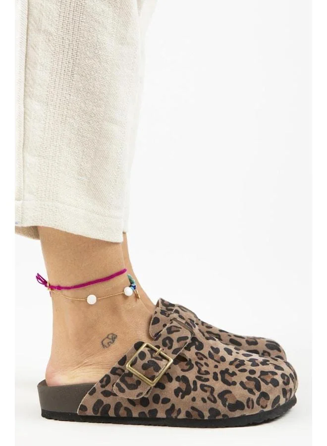Zeta Leopard Women's Genuine Leather Clogs with Belt and Buckle, Mink Color - Brown