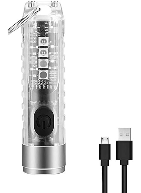 Mini Led Flashlight, Handheld Flashlight, 400 Lumens Outdoor EDC Rechargeable High Bright Multi-Functional Keychain Flashlight, with UV Light and Warning Light, Water Resistant for Camping (White)