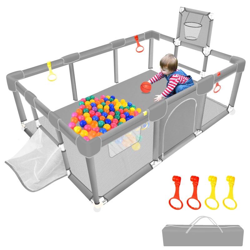 SZBOB Large Playpen for Babies and Toddlers Baby Ball Pit Kids Play Pen Sturdy Play Yard with Basketball Hoop Childrens Fence Play Area Indoor Outdoor Kids Activity Center Infant Safety Gates Grey 
