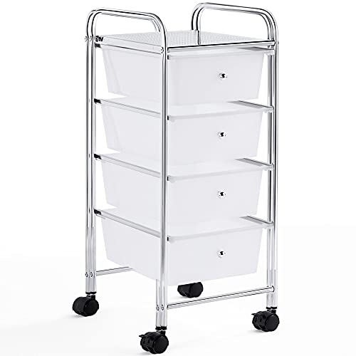 Yaheetech 4 Drawers Rolling Plastic Storage Cart Metal Frame Plastic Drawers Trolley Organizer on Wheels White