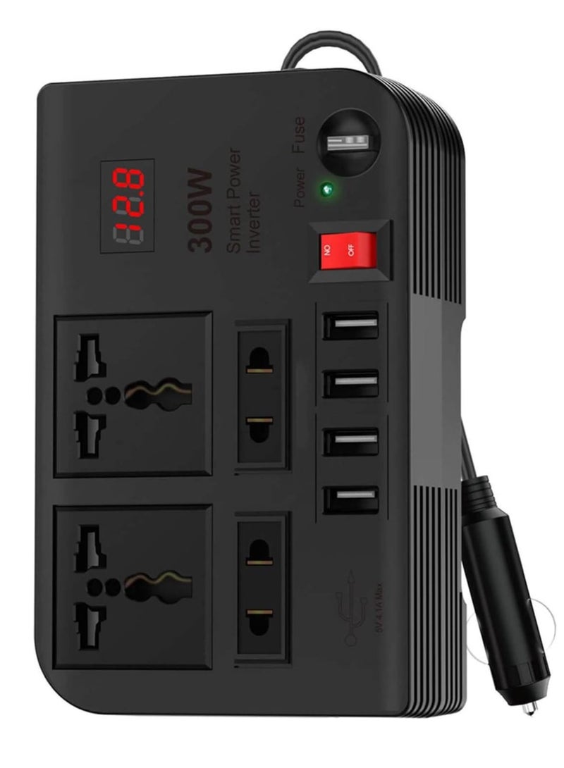 ELTRAZONE High-Power 300W Car Inverter: Seamlessly Converts 12V/24V DC to 220V AC, Featuring 4 USB Fast Charging Ports and Dual Universal Sockets" - Image 1