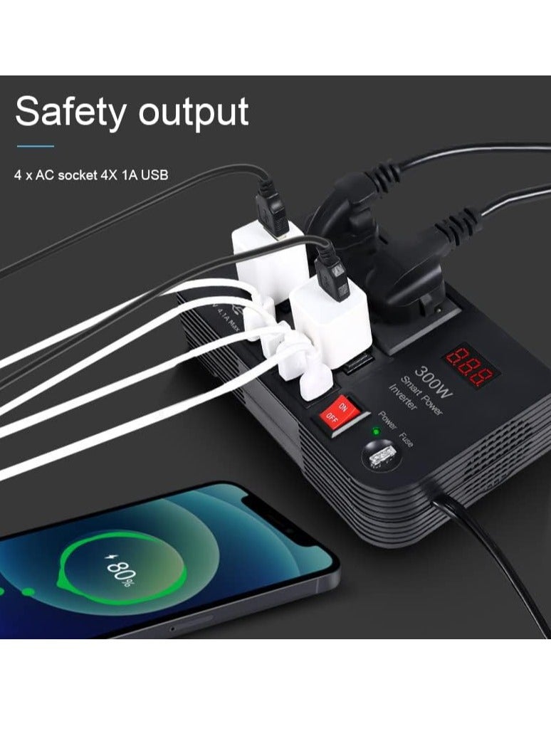 ELTRAZONE High-Power 300W Car Inverter: Seamlessly Converts 12V/24V DC to 220V AC, Featuring 4 USB Fast Charging Ports and Dual Universal Sockets" - Image 3