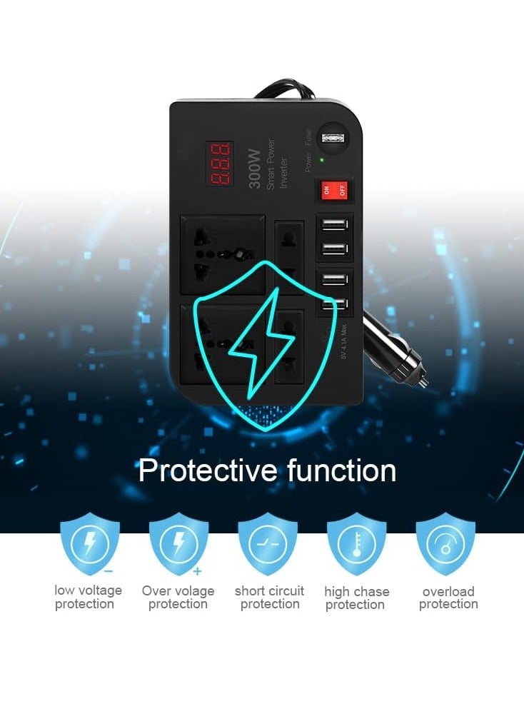 ELTRAZONE High-Power 300W Car Inverter: Seamlessly Converts 12V/24V DC to 220V AC, Featuring 4 USB Fast Charging Ports and Dual Universal Sockets" - Image 2