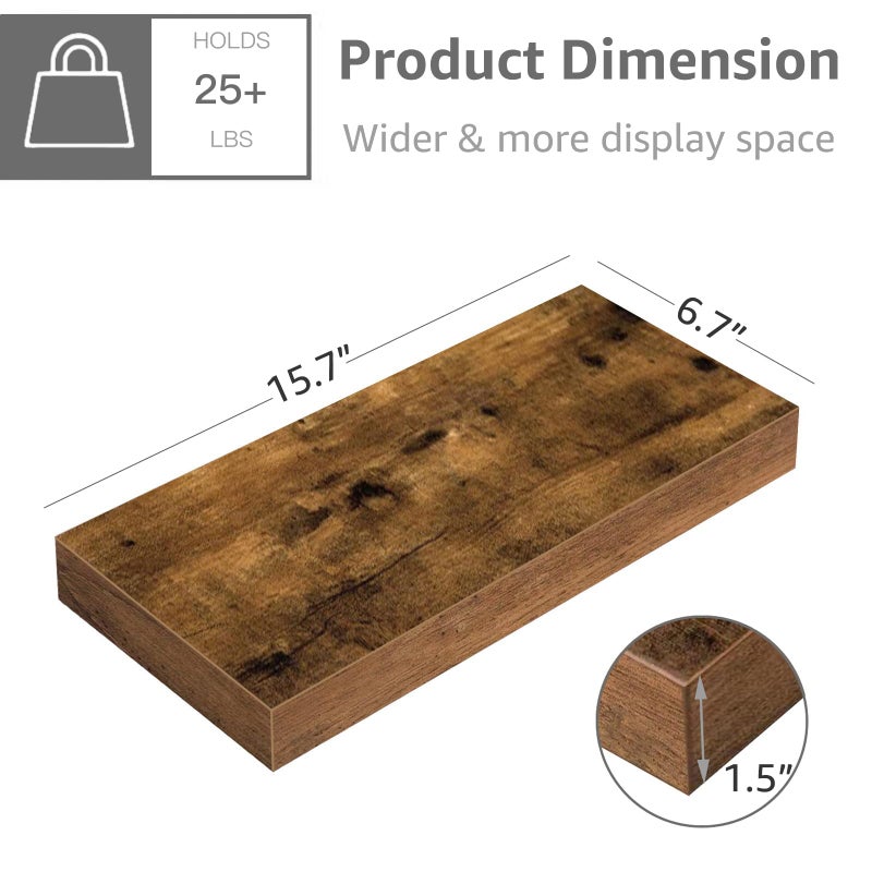 QEEIG Floating Shelf for Wall Bathroom Shelves Bedroom Kitchen Living Room Farmhouse Small Book Shelf 16 inch Set of 1, Brown (015-BN1) - Image 3