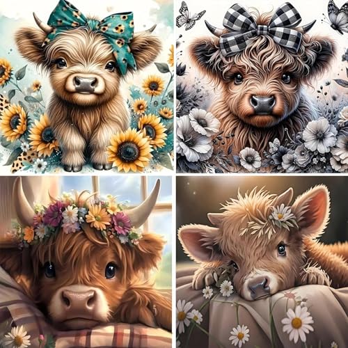 mrpwnle 4 Pack Cow Diamond Art Kits for Adults DIY Cute Animals Diamond Painting Kits for Adults Beginner Simple 5D Full Drill Diamond Art Dots Gem Art Kit for Home Wall Decor 12x12inch - Image 1