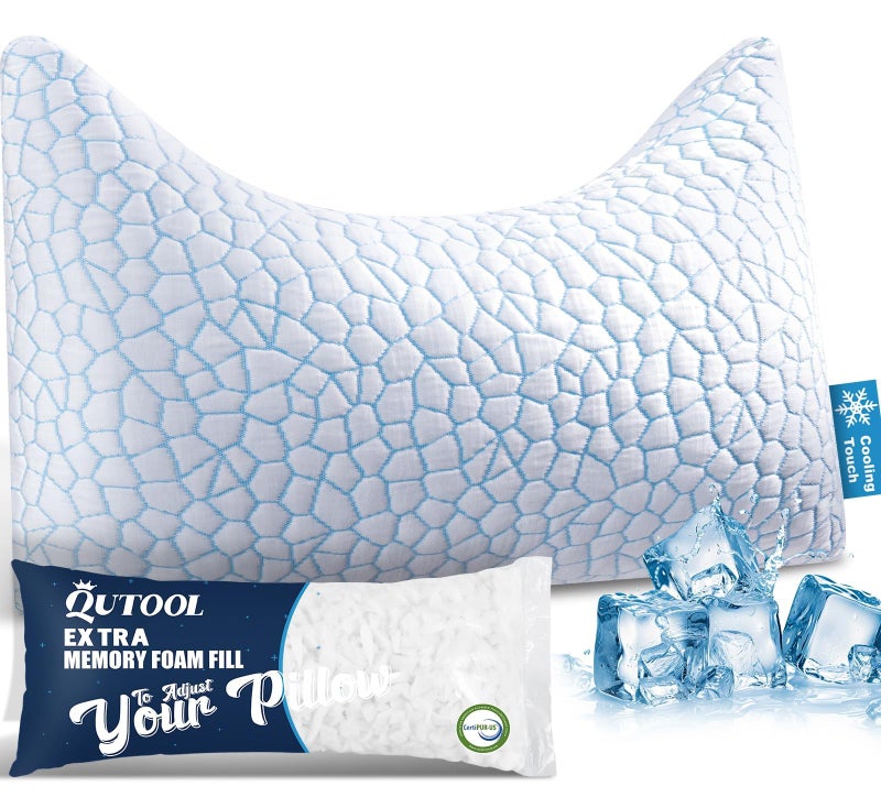QUTOOL Cooling Side Sleeper Pillow for Neck and Shoulder Pain Relief, Adjustable Curved Shredded Memory Foam Bed Pillows for Sleeping, Queen 1 Pack with Additional Foam Fill Included (White) - Image 1