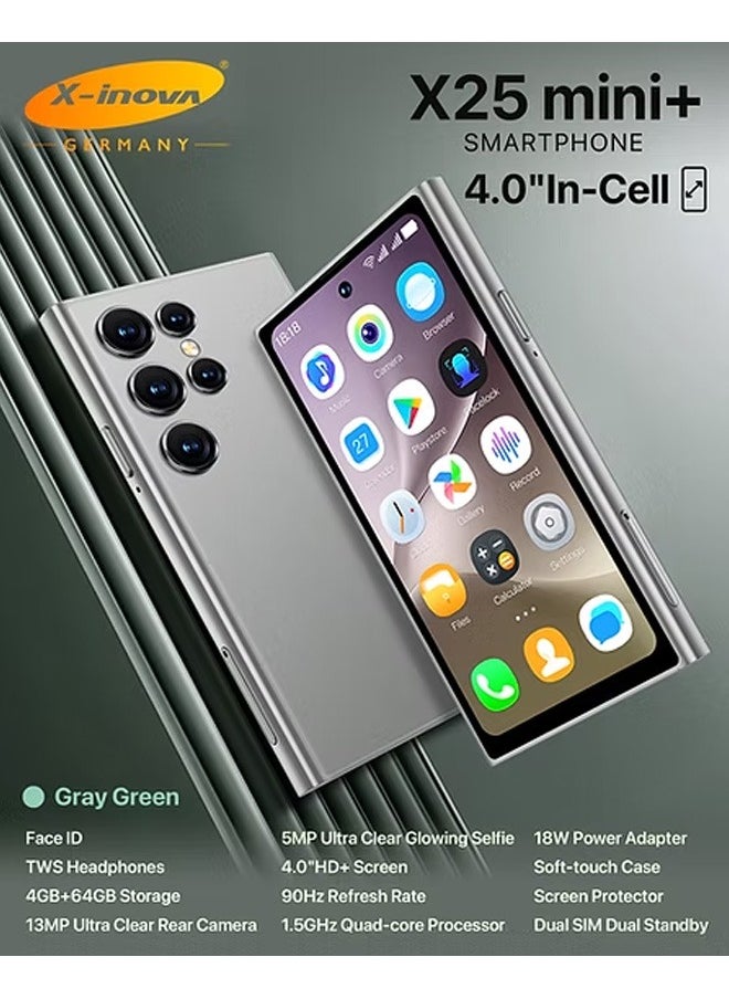X-Inova - Mini Smart Phone X25 Mini+ 4" Display, 4GB+64GB Storage, 13MP Ultra Clear Rear Camera, Dual SIM Grey - Image 1