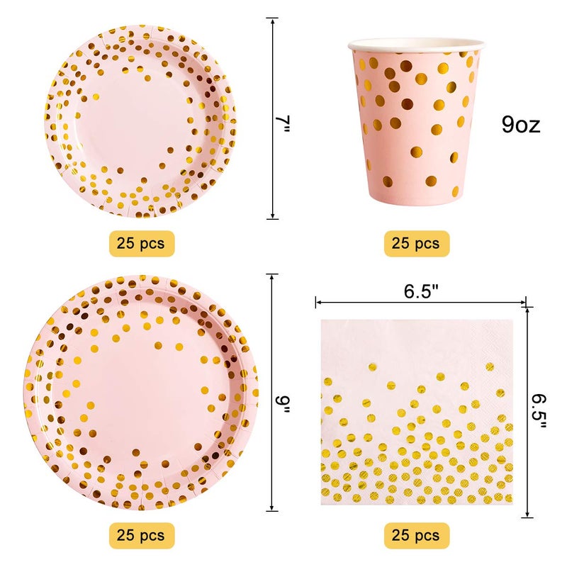 homix لوازم حفلات هومكس باللونين الوردي والذهبي 175 قطعة أطباق وأكواب ومناشف ورقية بنقاط ذهبية على خلفية وردية سكاكين وشوك وملاعق بلاستيكية ذهبية لحفلات استقبال المواليد وحفلات الزفاف وحفلات العزوبية تخدم 25 شخصًا - Image 3