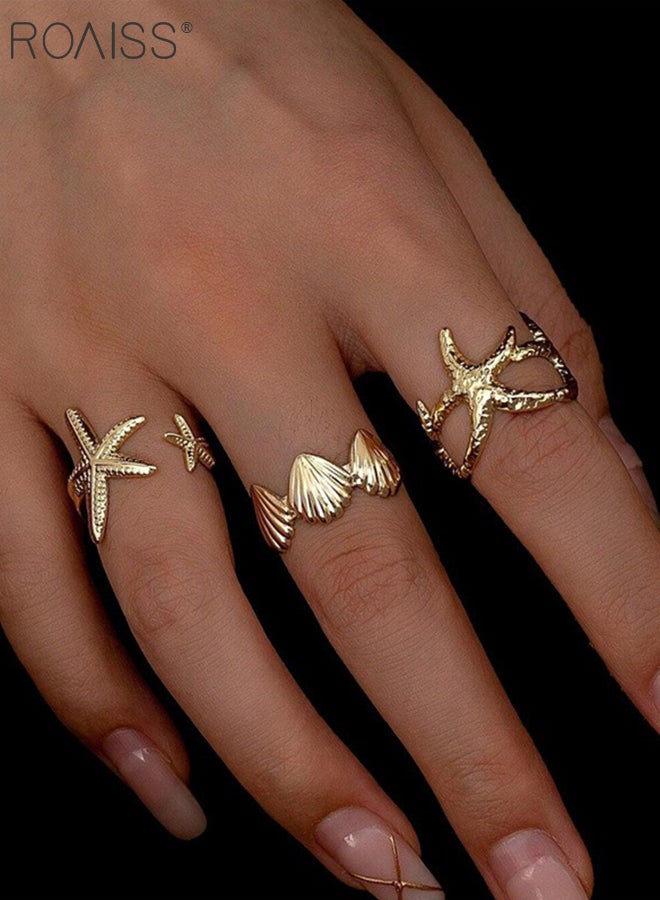 roaiss 4 Pcs Ring and Bracelet Set, Open Adjustable Rings and Bracelets, Shiny Gold Shell and Starfish Design, Suitable for Daily Wear, Party, Vacation and Beach Look - Image 3