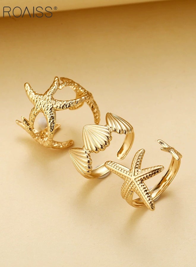 roaiss 4 Pcs Ring and Bracelet Set, Open Adjustable Rings and Bracelets, Shiny Gold Shell and Starfish Design, Suitable for Daily Wear, Party, Vacation and Beach Look - Image 5