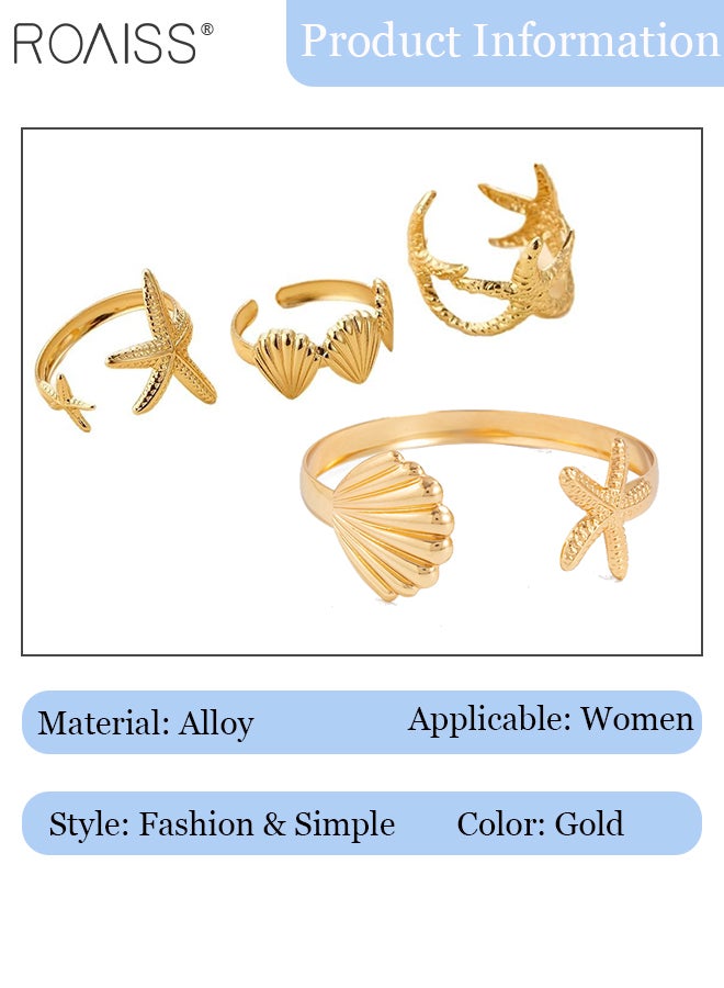 roaiss 4 Pcs Ring and Bracelet Set, Open Adjustable Rings and Bracelets, Shiny Gold Shell and Starfish Design, Suitable for Daily Wear, Party, Vacation and Beach Look - Image 4