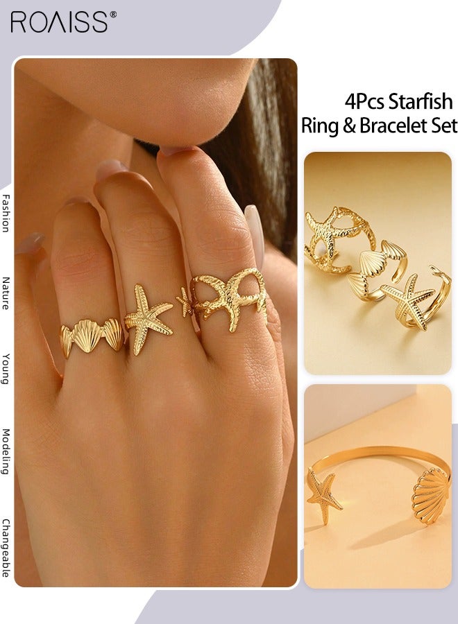 roaiss 4 Pcs Ring and Bracelet Set, Open Adjustable Rings and Bracelets, Shiny Gold Shell and Starfish Design, Suitable for Daily Wear, Party, Vacation and Beach Look - Image 1