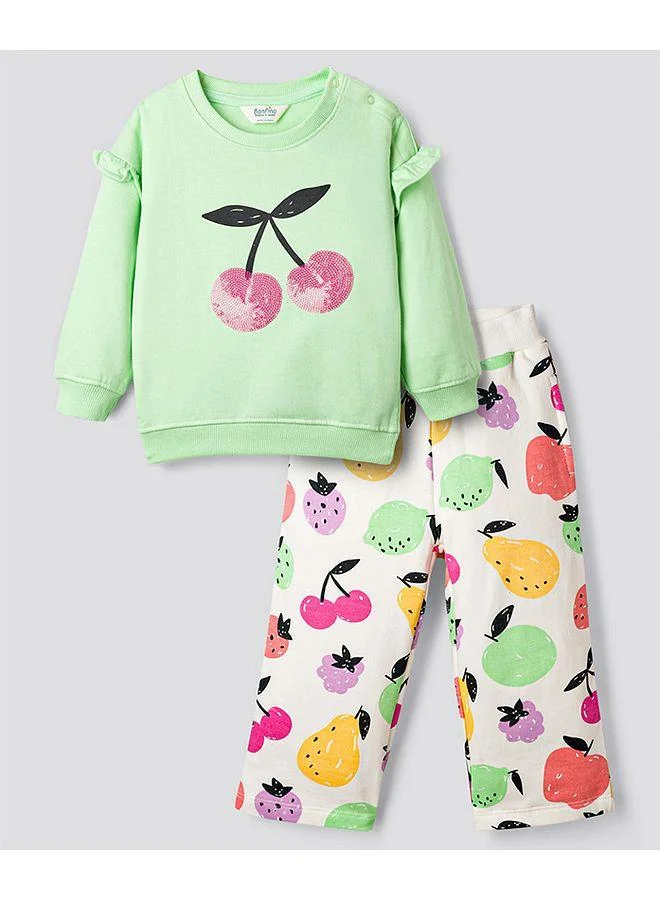 Bonfino Bonfino 100% Cotton Knit French Terry Full Sleeves Oversized Sweatshirt & Wide Leg Leggings Set with Fruit Print - Light Green & Off white