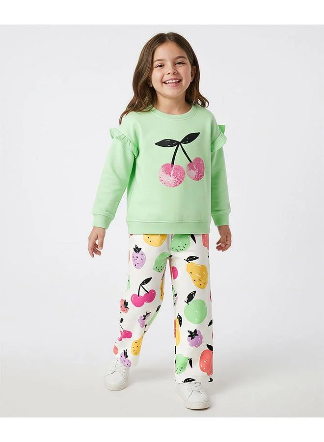 Bonfino Bonfino 100% Cotton Knit French Terry Full Sleeves Oversized Sweatshirt & Wide Leg Leggings Set with Fruit Print - Light Green & Off white