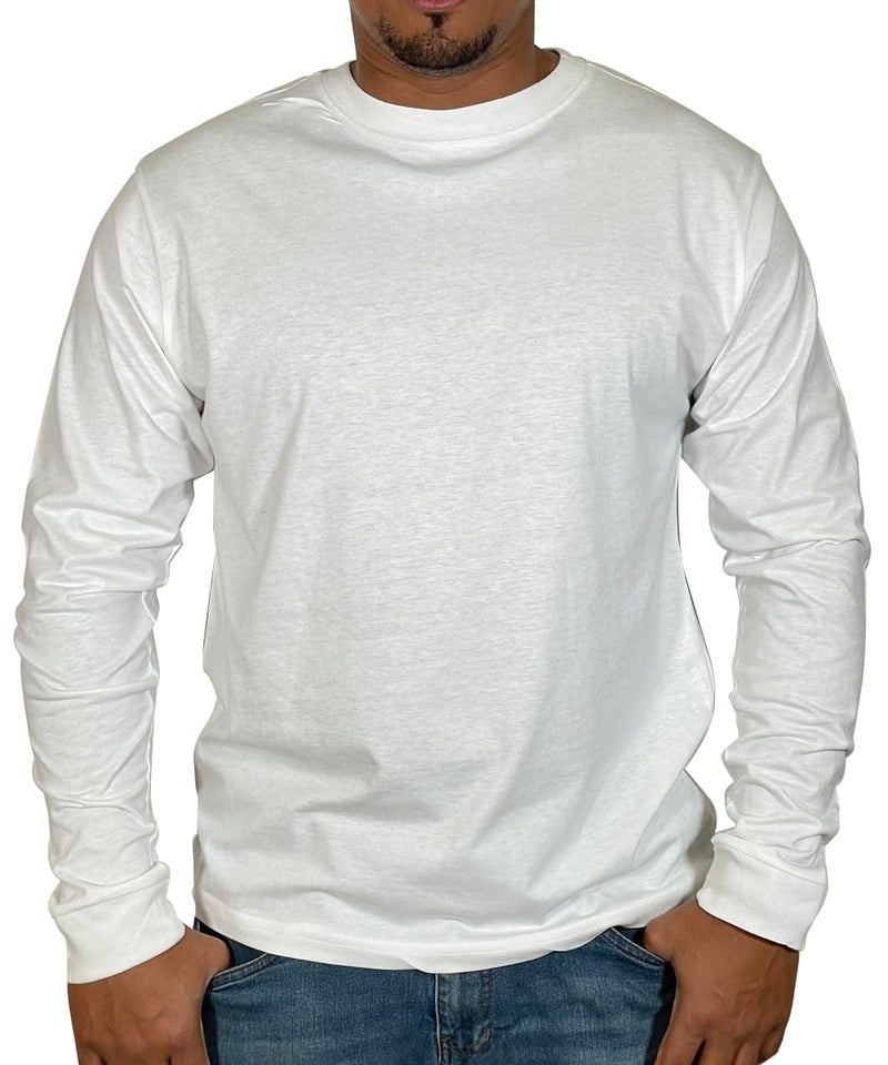 BROOKLYN VERTICAL Mens Long Sleeve Cotton T Shirt Crew Neck 5 Colors S-5XL White - Image 1