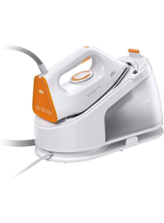 Brown Braun 1 ProCare Style Steam Iron, 3D FreeGlide Technology, Superior Ceramic Coating, Vertical Ironing, Removable Drip-Proof Water Tank, 1.7L Capacity, 2200W, IS1511WH, White/Orange - Image 1