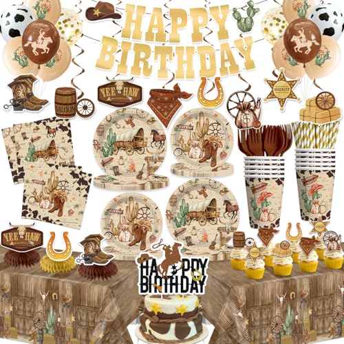 cocomigo Western Birthday Party Decorations Western Themed Party Banner Dinnerware with 2 Pcs Waterproof Tablecloth Cowboy Rodeo Country Western Cowboy Party Decorations - Image 1