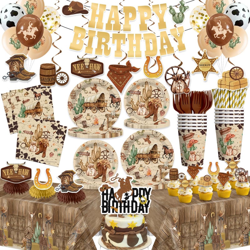 cocomigo Western Birthday Party Decorations Western Themed Party Banner Dinnerware with 2 Pcs Waterproof Tablecloth Cowboy Rodeo Country Western Cowboy Party Decorations - Image 2