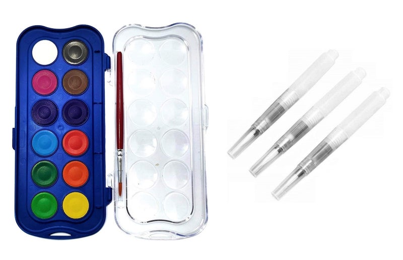 Definite 12 Water Color Cakes (Yellow, Green, Orange, Emerald Green, Red, Sky Blue, Violet, Ultramarine Blue Hue, Brown Magenta, Black, White) 3 Water Round Brush Pen - Image 1