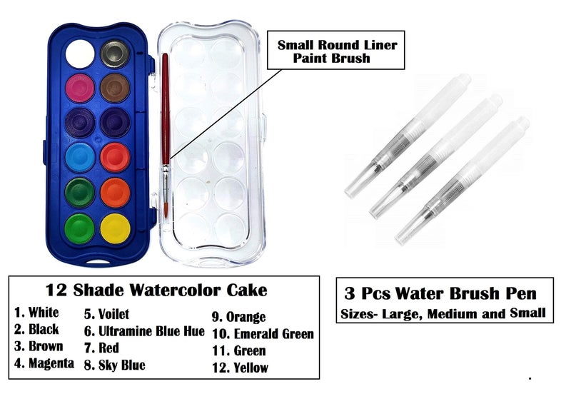 Definite 12 Water Color Cakes (Yellow, Green, Orange, Emerald Green, Red, Sky Blue, Violet, Ultramarine Blue Hue, Brown Magenta, Black, White) 3 Water Round Brush Pen - Image 2
