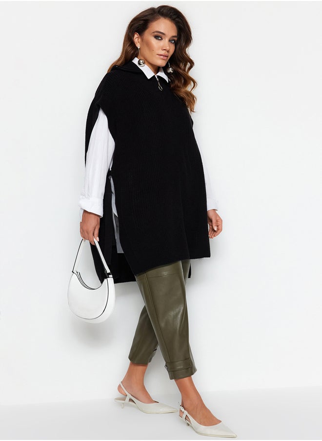 trendyol - Black Zippered Collar Side Tie Detail Knitwear Sweater TCTAW22UV0009 - Image 1