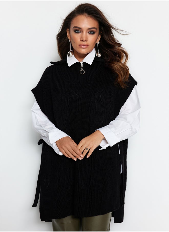 trendyol - Black Zippered Collar Side Tie Detail Knitwear Sweater TCTAW22UV0009 - Image 1