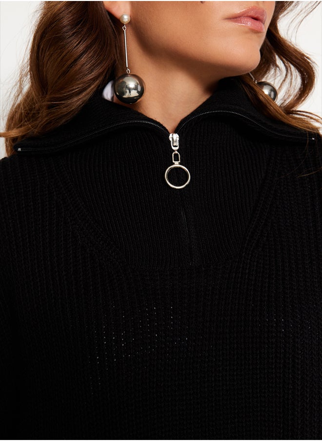 trendyol - Black Zippered Collar Side Tie Detail Knitwear Sweater TCTAW22UV0009 - Image 1