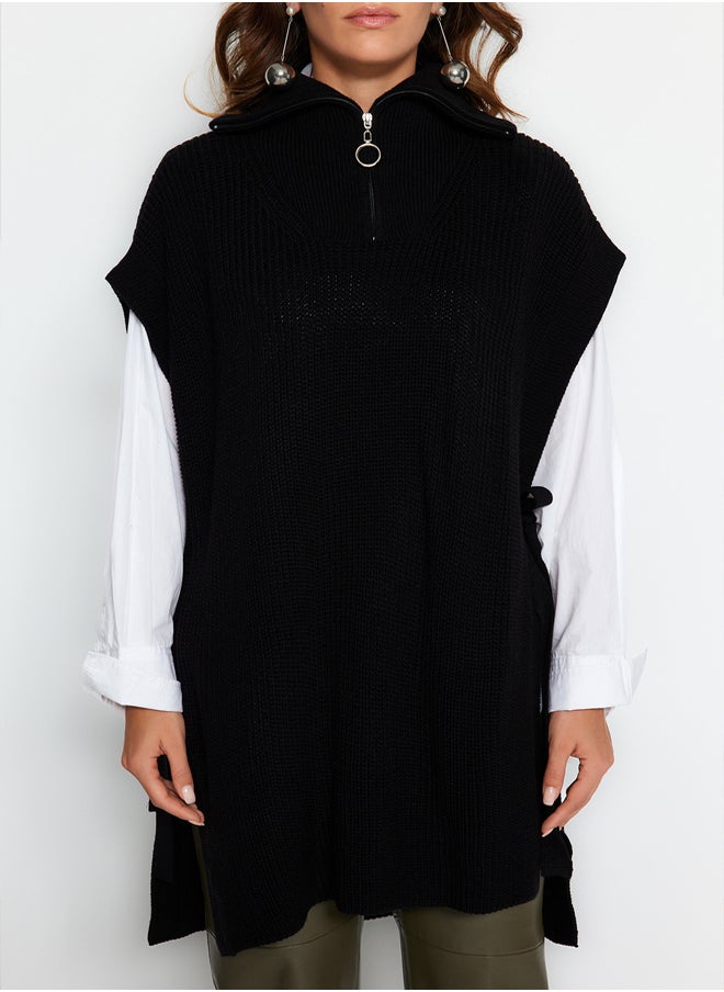 trendyol - Black Zippered Collar Side Tie Detail Knitwear Sweater TCTAW22UV0009 - Image 1