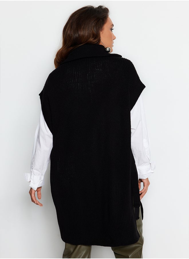 trendyol - Black Zippered Collar Side Tie Detail Knitwear Sweater TCTAW22UV0009 - Image 1