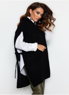 Black Zippered Collar Side Tie Detail Knitwear Sweater TCTAW22UV0009