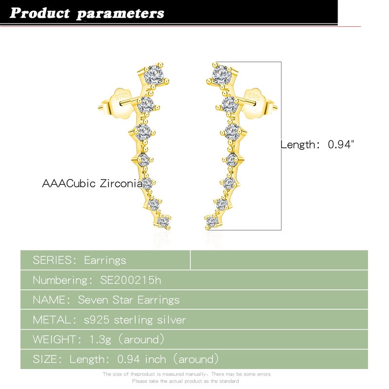 Dankadi 925 Sterling Silver Post Cubic Zirconia Ear Crawle Earring For Women 7 Crystal Star Stud Earrings AAA CZ Arrow Ear Climber Hypoallergenic Piercing Gifts For Her (Gold color) - Image 3
