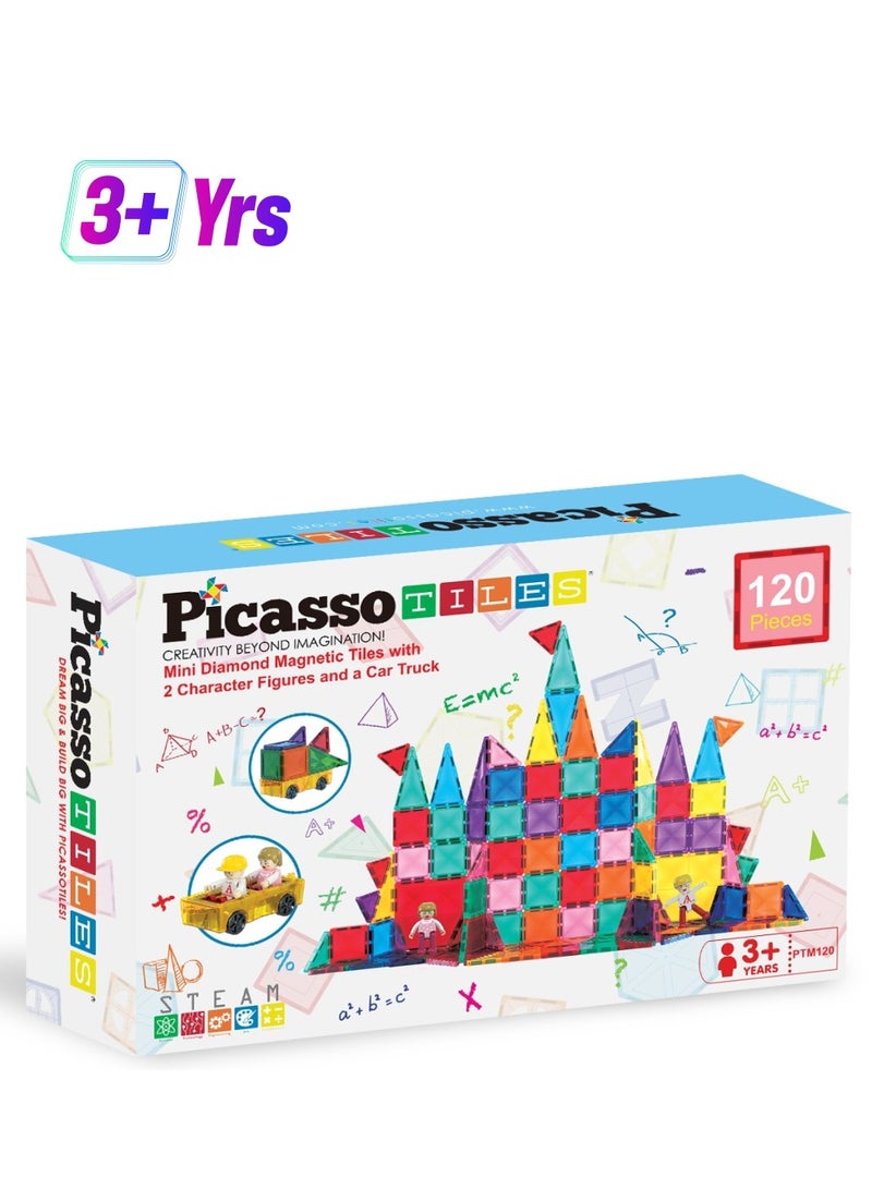 PicassoTiles Picasso Magnetic Tiles Mini Diamond with 2 Character + Car Truck 120 Pieces | Magnetic Tiles | Building Blocks | Educational Toy Set | Construction Building Kit for Child Brain Development  - Image 1
