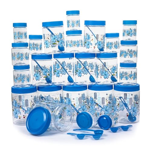 Qshare Flower Printed Storage Containers - Plastic Storage Organiser Jar Set for Kitchen with Airtight Lid Spoon, 1200ml, 650ml, 350ml & 250ml Dabba for Snacks, Grains Dry Fruits (Blue, Set Of 24pc) - Image 1
