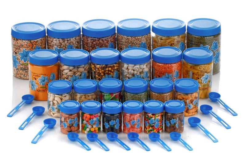 Qshare Flower Printed Storage Containers - Plastic Storage Organiser Jar Set for Kitchen with Airtight Lid Spoon, 1200ml, 650ml, 350ml & 250ml Dabba for Snacks, Grains Dry Fruits (Blue, Set Of 24pc) - Image 5