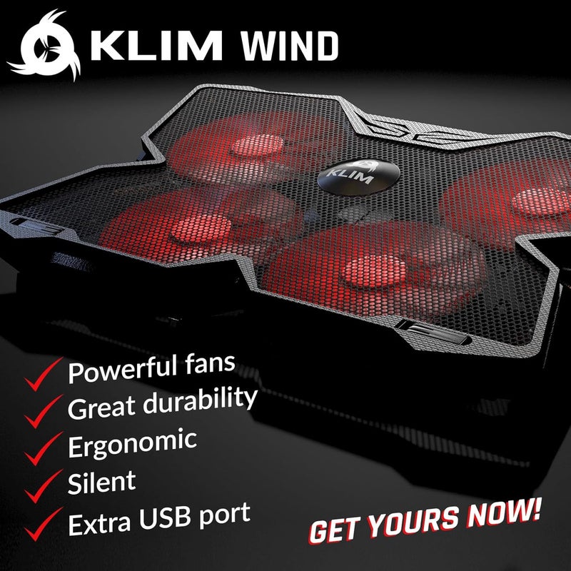 KLIM Wind Laptop Cooling Pad - More Than 500 000 Units Sold - New - The Most Powerful Rapid Action Cooling Fan - Laptop Stand with 4 Fans at 1200 RPM - USB - PS5 PS4 - Red - Image 2